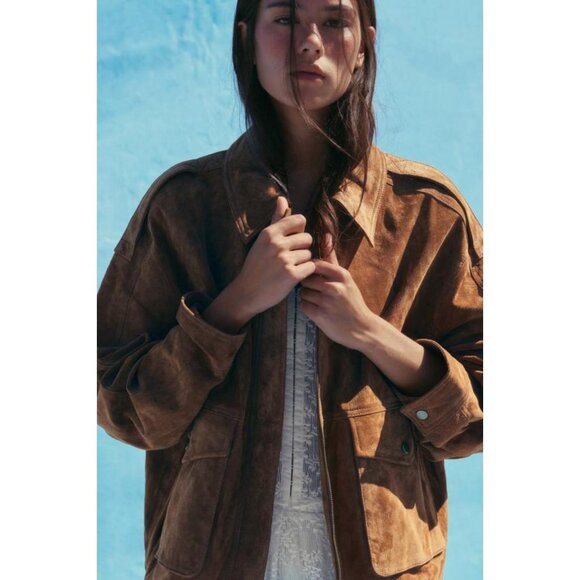 ZARA 100% SUEDE LEATHER BOMBER JACKET WITH POCKETS - Picture 4 of 9